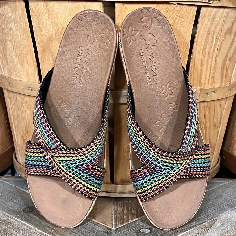 Skechers Cali Beverlee Delighted Multicolor Woven Cork Wedge Sandals Womens 10